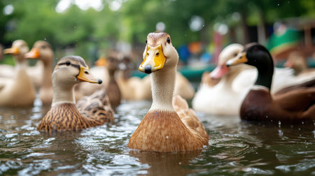 A group of market-ready ducks in a pond, raised for their eggs, meat, and down feathersの素材