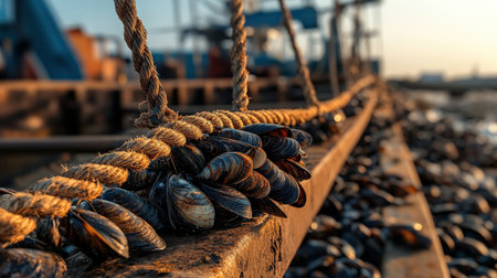 A close-up of a market-ready mussel farm, with ropes full of shellfish ready for harvestの素材