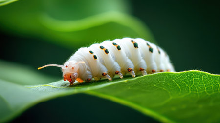 A close-up of a market-ready silkworm on a mulberry leaf, producing silk threads with high market valueの素材