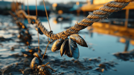 A close-up of a market-ready mussel farm, with ropes full of shellfish ready for harvestの素材