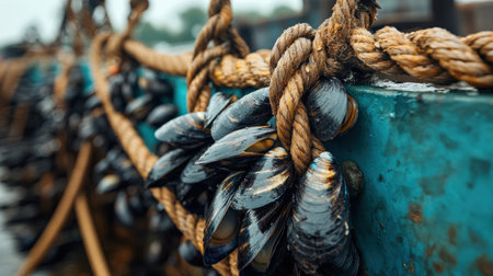 A close-up of a market-ready mussel farm, with ropes full of shellfish ready for harvestの素材