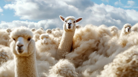 A herd of market-ready alpacas being sheared, producing luxurious wool for textile marketsの素材
