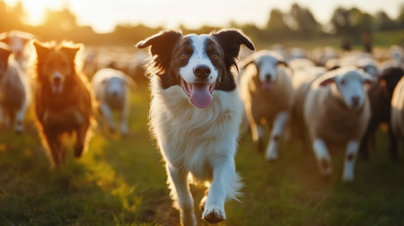 A group of market-ready sheepdogs herding sheep in a pasture, showcasing their value in livestock managementの素材