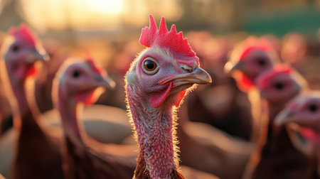 A flock of market-ready turkeys on a farm, raised for their meat during holiday seasonsの素材