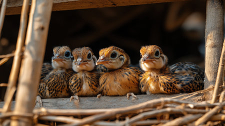A group of market-ready quail in a pen, valued for their eggs and meat in gourmet marketsの素材