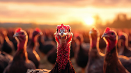 A flock of market-ready turkeys on a farm, raised for their meat during holiday seasonsの素材