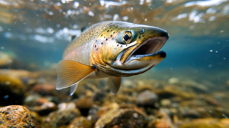 A close-up of a market-ready salmon swimming upstream, representing the high value of wild-caught fishの素材