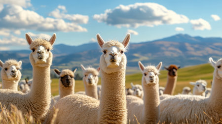 A herd of market-ready alpacas being sheared, producing luxurious wool for textile marketsの素材