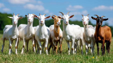 A herd of market-ready dairy goats grazing, producing milk for cheese and other dairy productsの素材
