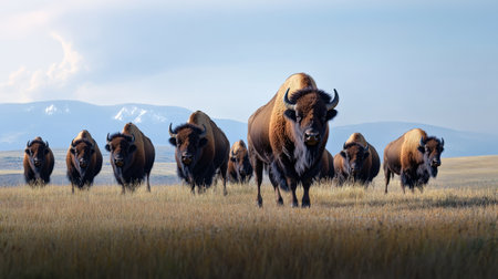 A herd of market-ready bison grazing in a field, valued for their lean meat and hides --ar 16:9 --personalize jaydbm9 --v 6.1 Job ID: f5557e3b-42d7-42e9-9204-9717a580b9afの素材