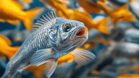 A close-up of a market-ready tilapia fish in an aquaculture pond, a key species in global fish marketsの素材