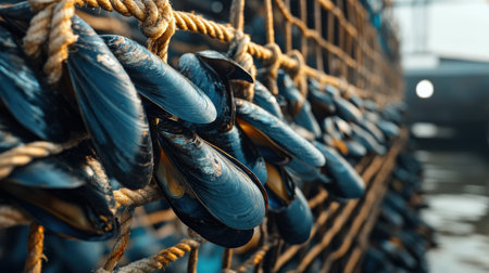 A close-up of a mussel farm, with ropes full of market-ready shellfishの素材