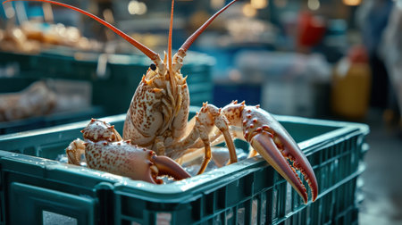 A close-up of a market-ready lobster in a fishing crate, ready for the seafood marketの素材