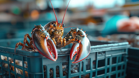 A close-up of a market-ready lobster in a fishing crate, ready for the seafood marketの素材