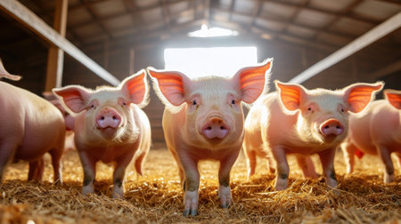 A group of market-ready pigs in a barn, representing the pork industry valueの素材