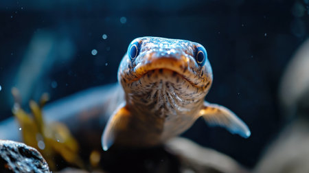 A close-up of an eel in an aquaculture tank, cultivated for high-demand Asian marketsの素材