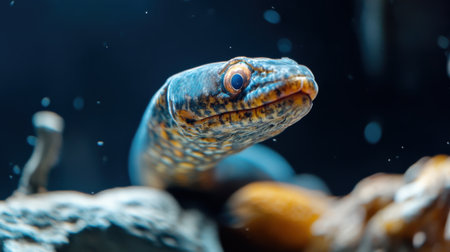 A close-up of an eel in an aquaculture tank, cultivated for high-demand Asian marketsの素材