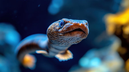 A close-up of an eel in an aquaculture tank, cultivated for high-demand Asian marketsの素材