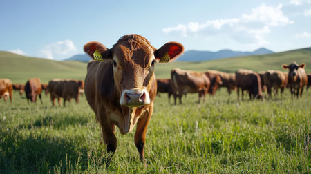 A herd of beef cattle grazing on a ranch, raised for high-quality meat productionの素材