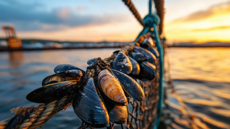 A close-up of a mussel farm, with ropes full of market-ready shellfishの素材