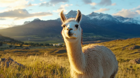 A close-up of a llama in a field, valued for its wool and as a pack animalの素材