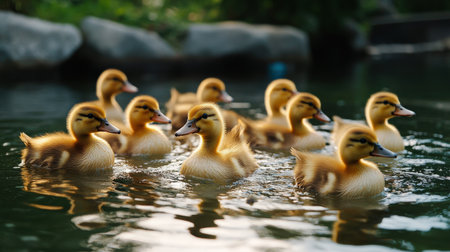 A flock of ducks in a pond, raised for their eggs, meat, and down feathersの素材