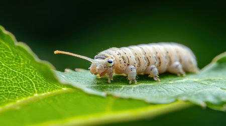 A close-up of a silkworm on a mulberry leaf, producing silk threads with high market valueの素材