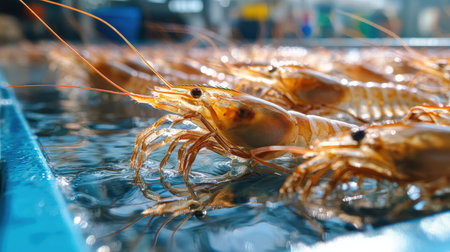 A group of farmed shrimp in a pond, cultivated for high-demand seafood marketsの素材