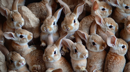 A group of rabbits in a pen, valued for their fur and meat in various marketsの素材