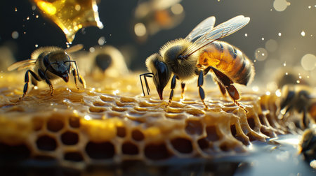 A close-up of a honeybee hive, with bees busy producing honey, a valuable market productの素材