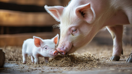 A piglet feeding from its mother in a barn, representing the pork industry market valueの素材