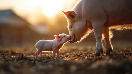 A piglet feeding from its mother in a barn, representing the pork industry market valueの素材
