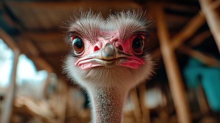 A close-up of an ostrich on a farm, raised for their meat, feathers, and leatherの素材