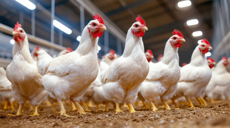 A group of broiler chickens in a spacious coop, bred for meat production in the poultry industryの素材