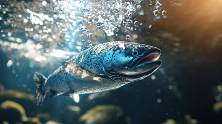 A close-up of a salmon swimming upstream, representing the high value of wild-caught fishの素材