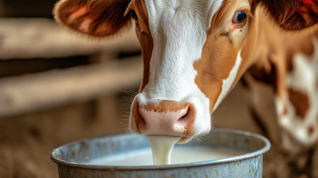 A close-up of a dairy cow being milked, with fresh milk flowing into a containerの素材