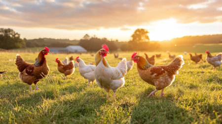 A flock of free-range chickens in a sunny field, producing organic eggs for the marketの素材