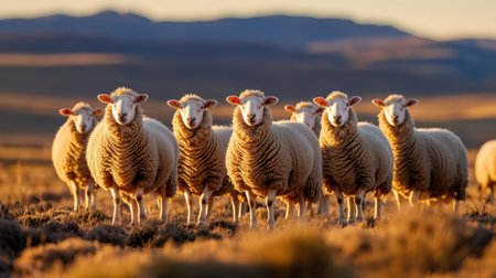 A group of Merino sheep with thick wool coats, highly valued in the textile industryの素材