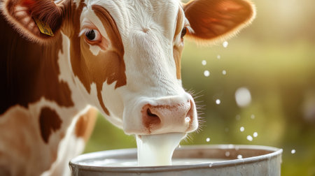 A close-up of a dairy cow being milked, with fresh milk flowing into a containerの素材
