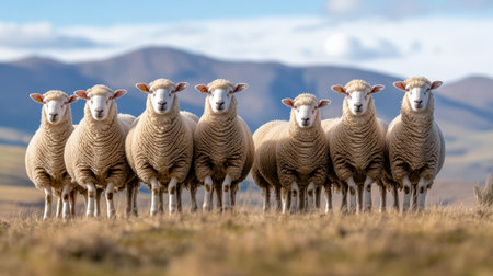 A group of Merino sheep with thick wool coats, highly valued in the textile industryの素材