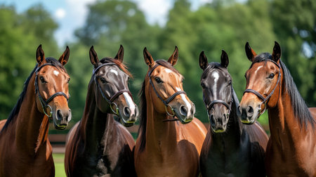 A group of thoroughbred horses in a paddock, bred for racing and equestrian sportsの素材