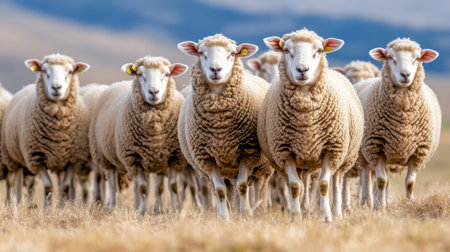 A group of Merino sheep with thick wool coats, highly valued in the textile industryの素材