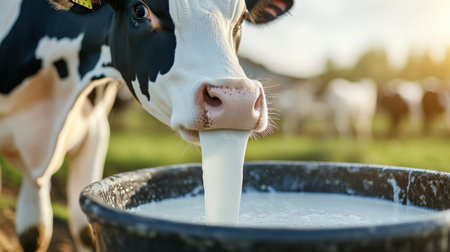 A close-up of a dairy cow being milked, with fresh milk flowing into a containerの素材