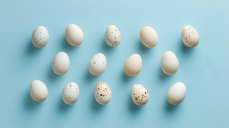 A dozen quail eggs arranged in four rows on a blue background.の素材