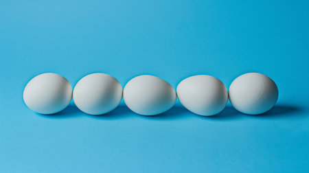 A row of five white eggs on a blue background.の素材