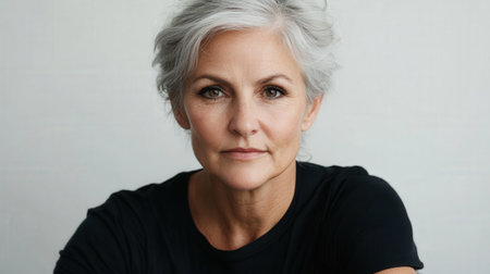 Close up of mature woman with white skin, grey short hair, wavy hair and a clear black t shirt, isolated in a light white studio. Portrait person.の素材