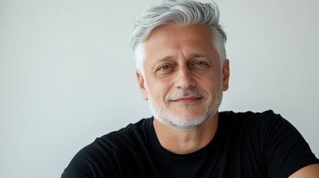 Close up of mature man with white skin, grey short hair, wavy hair and a clear black t shirt, isolated in a light white studio. Portrait person.の素材