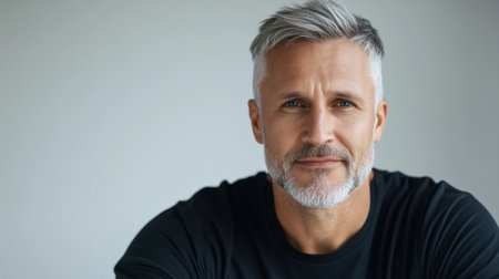Close up of mature man with white skin, grey short hair, wavy hair and a clear black t shirt, isolated in a light white studio. Portrait person.の素材