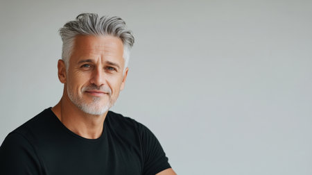 Close up of mature man with white skin, grey short hair, wavy hair and a clear black t shirt, isolated in a light white studio. Portrait person.の素材