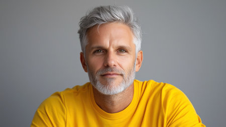 Close up of mature man with white skin, grey short hair, wavy hair and a clear yellow t shirt, isolated in a light grey studio. Portrait person.の素材